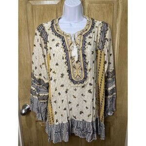 John Mark Multi Print Embroidered Ruffle Trim Sleeve Size L Gold Cream Grey